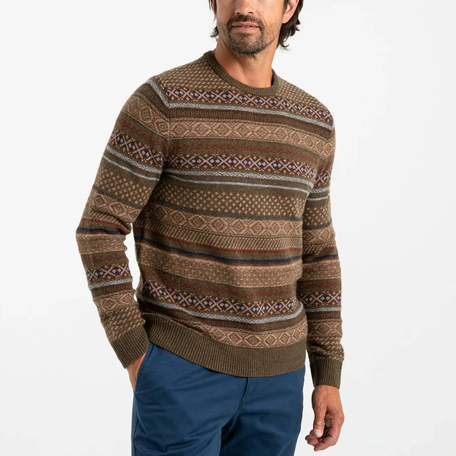 Birch Fair Isle Crewneck Sweater In Olive Pine Heather