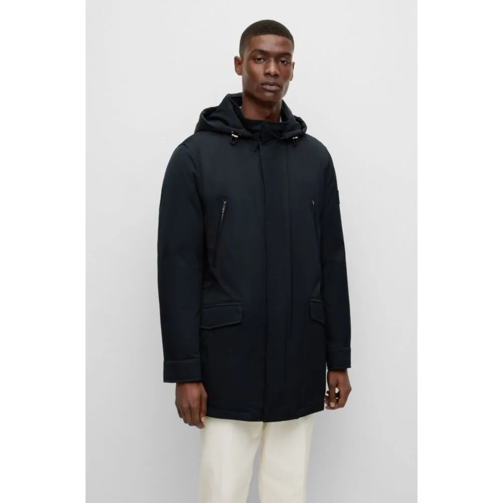 Down-filled hooded jacket with logo patch