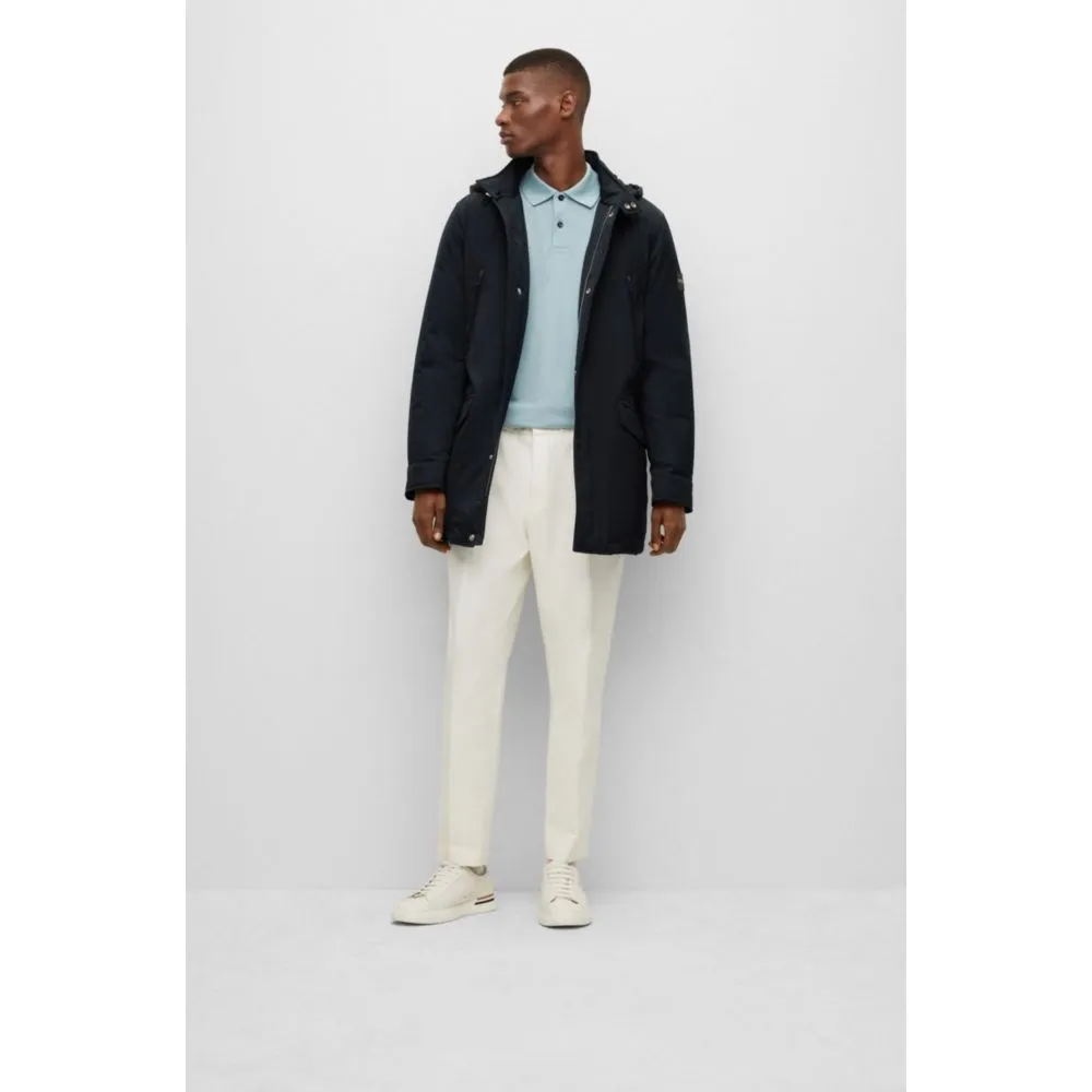 Down-filled hooded jacket with logo patch
