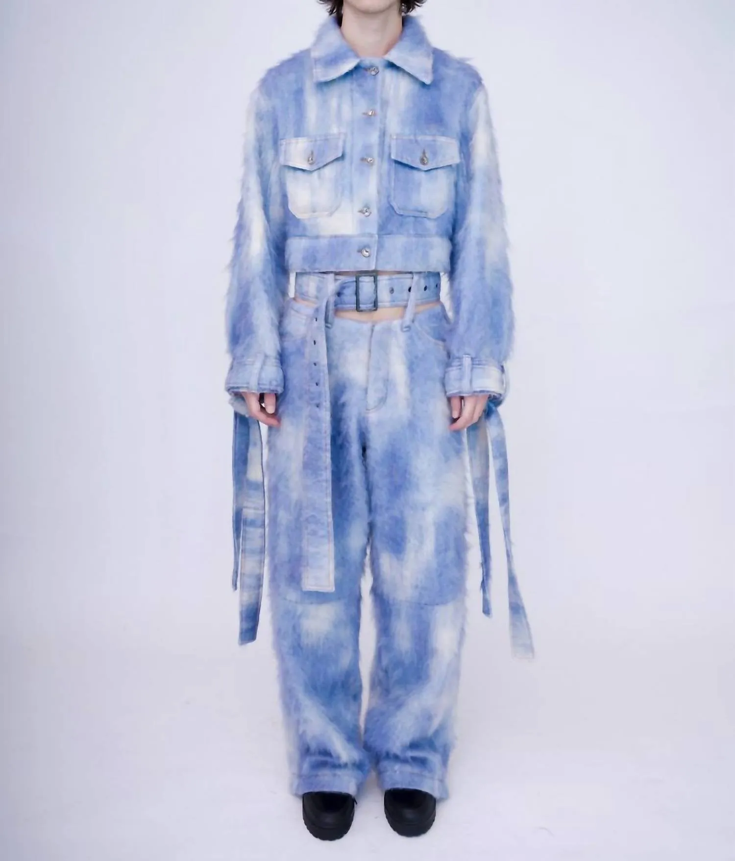 Hand-Painted Fluffy Denim Jacket In Dawn Blue