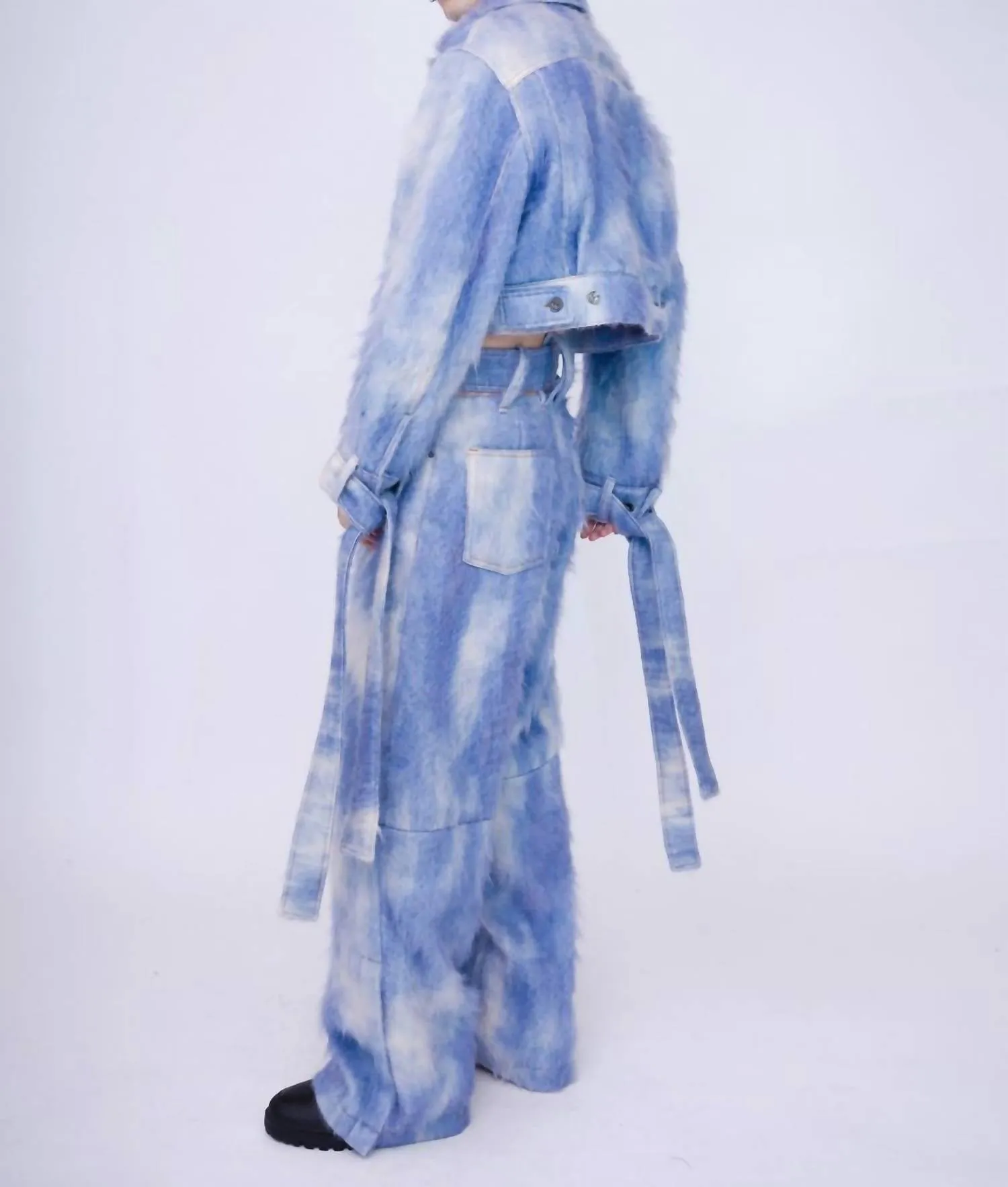 Hand-Painted Fluffy Denim Jacket In Dawn Blue