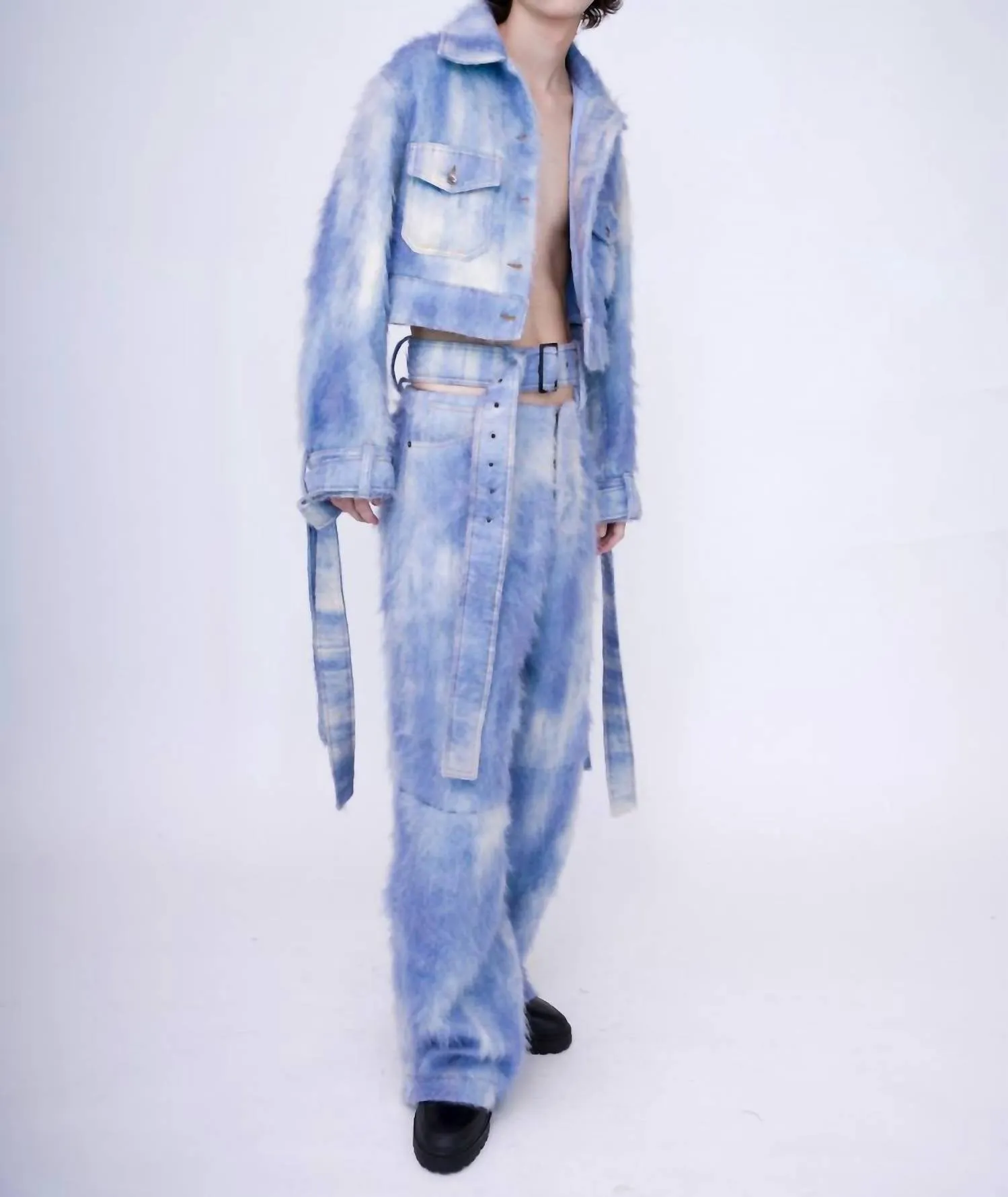 Hand-Painted Fluffy Denim Jacket In Dawn Blue