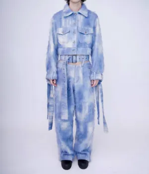Hand-Painted Fluffy Denim Jacket In Dawn Blue