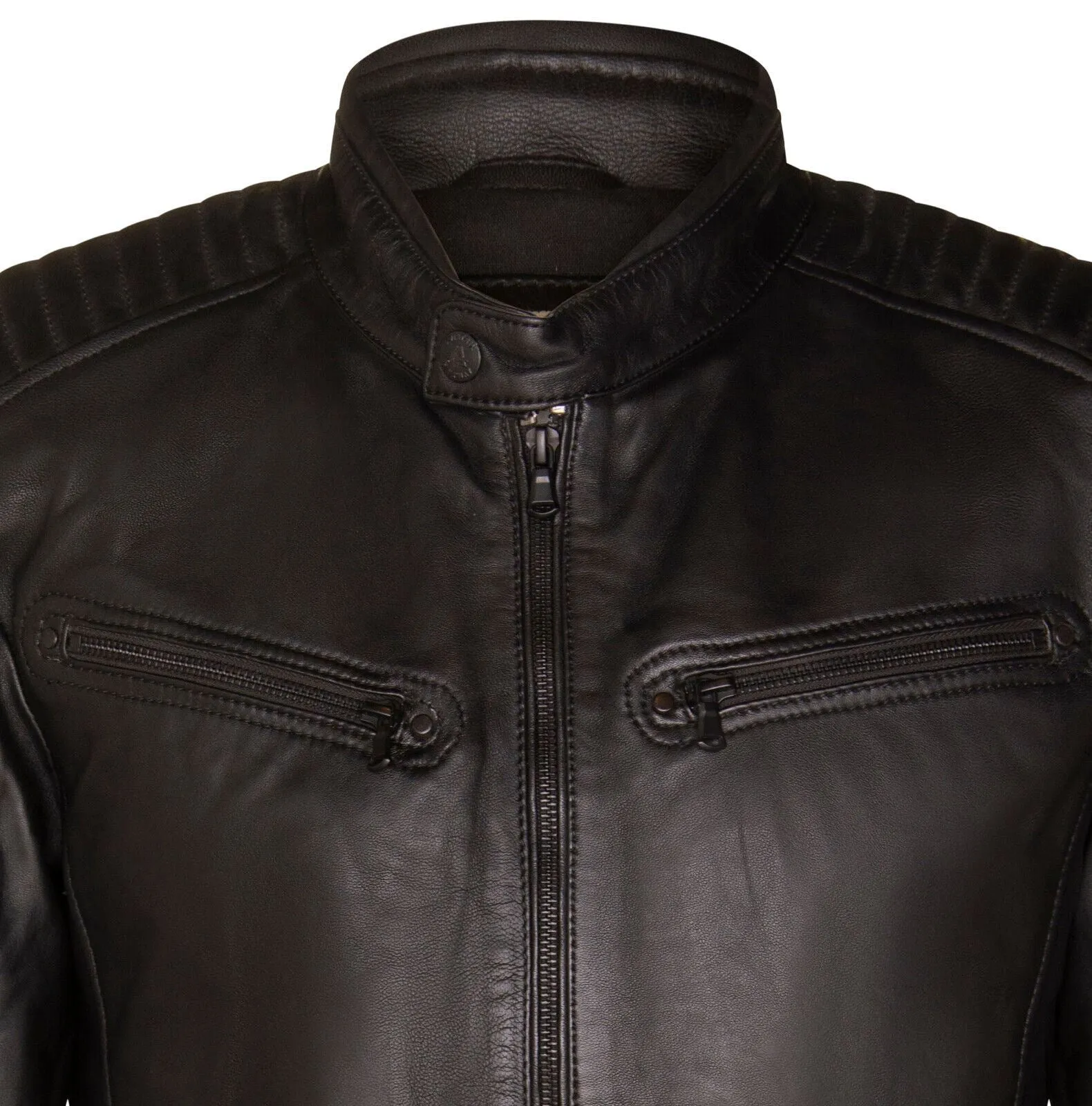 Mens Black Leather Quilted Biker Jacket - Paris
