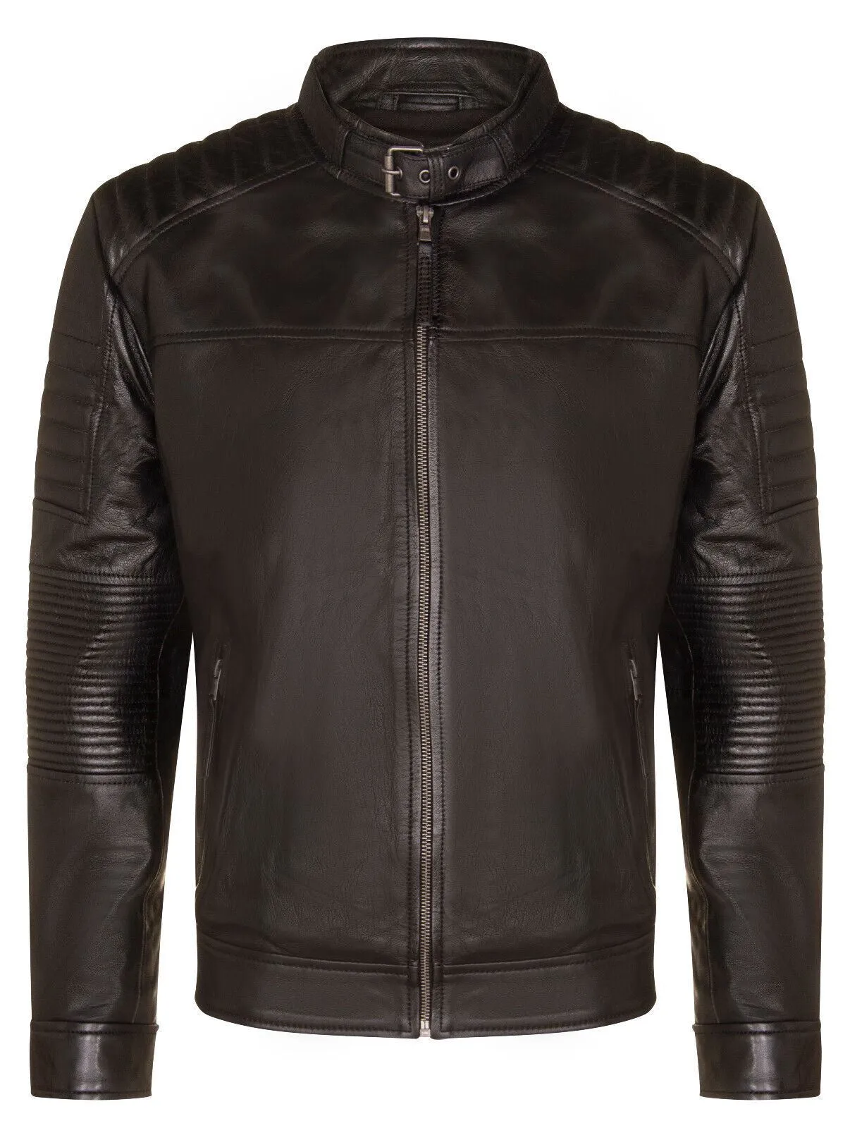 Mens Black Leather Quilted Biker Jacket - Paris