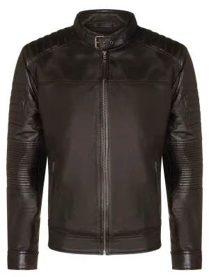 Mens Black Leather Quilted Biker Jacket - Paris