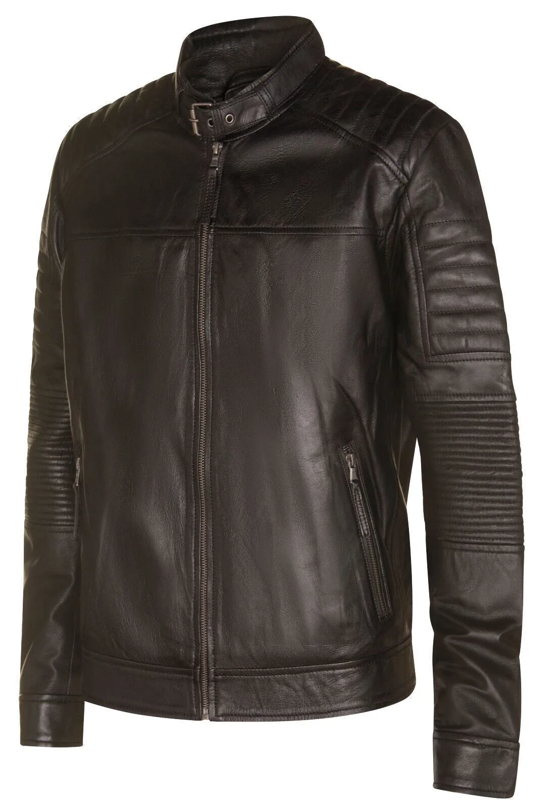 Mens Black Leather Quilted Biker Jacket - Paris