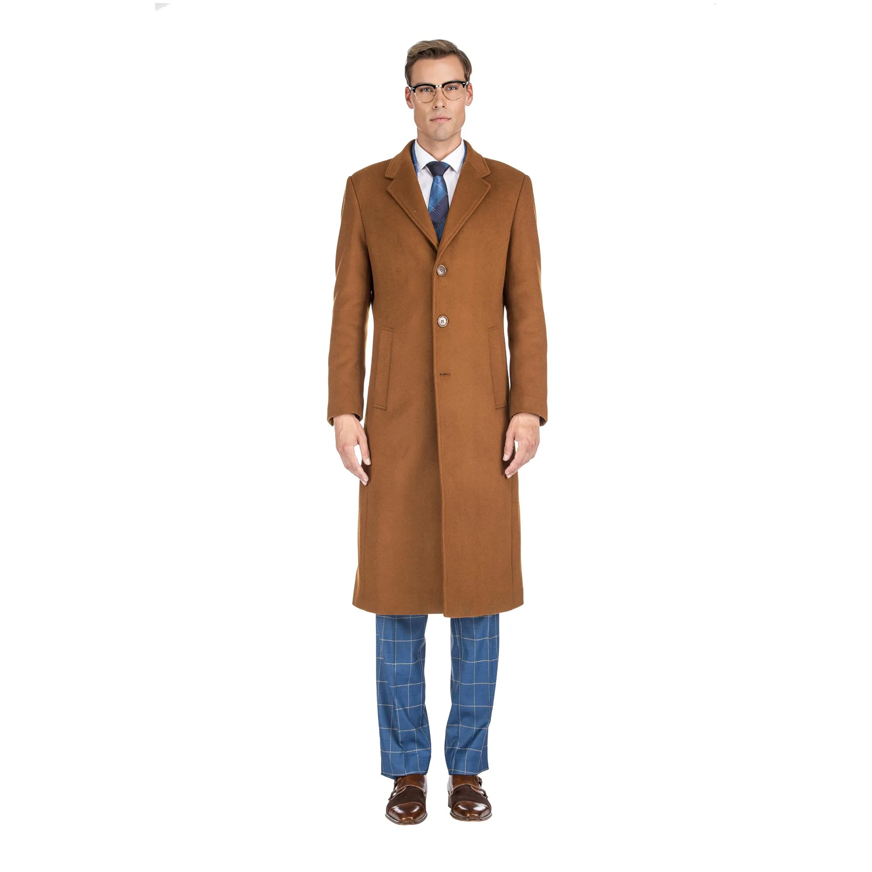 Men's Knee Length Wool Blend Three Button Long Jacket Overcoat