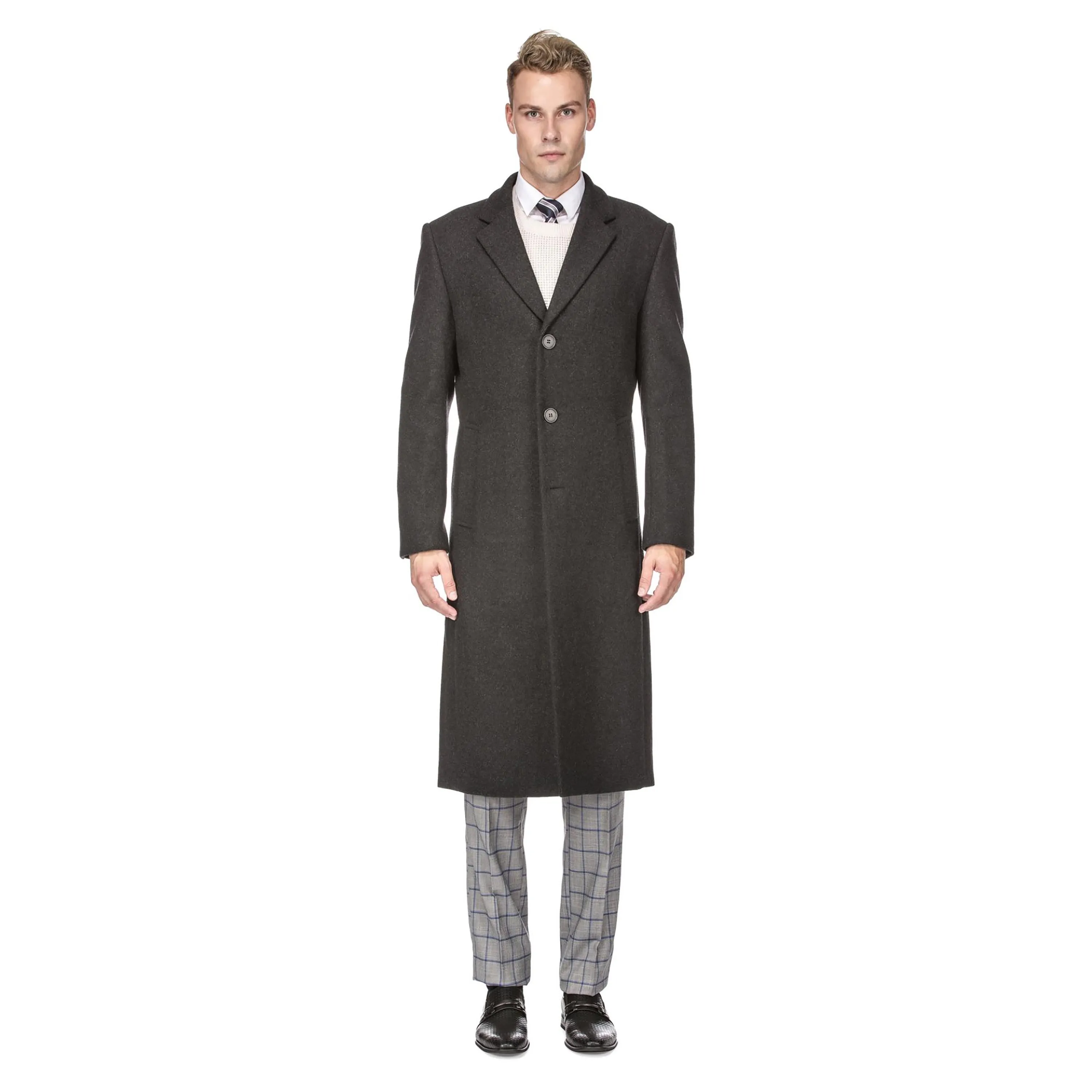 Men's Knee Length Wool Blend Three Button Long Jacket Overcoat