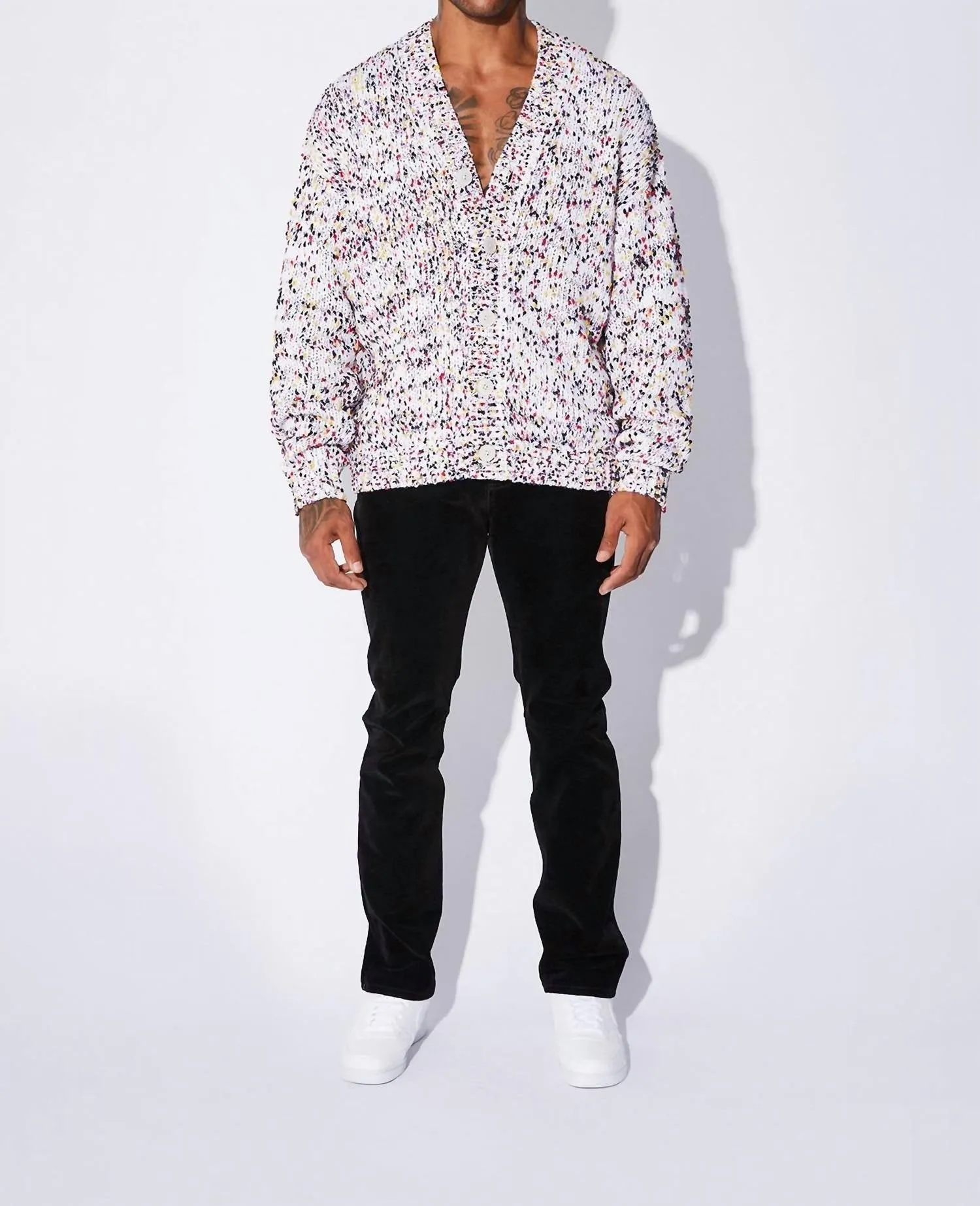Men's Long Oversized Cardigan In White Dots