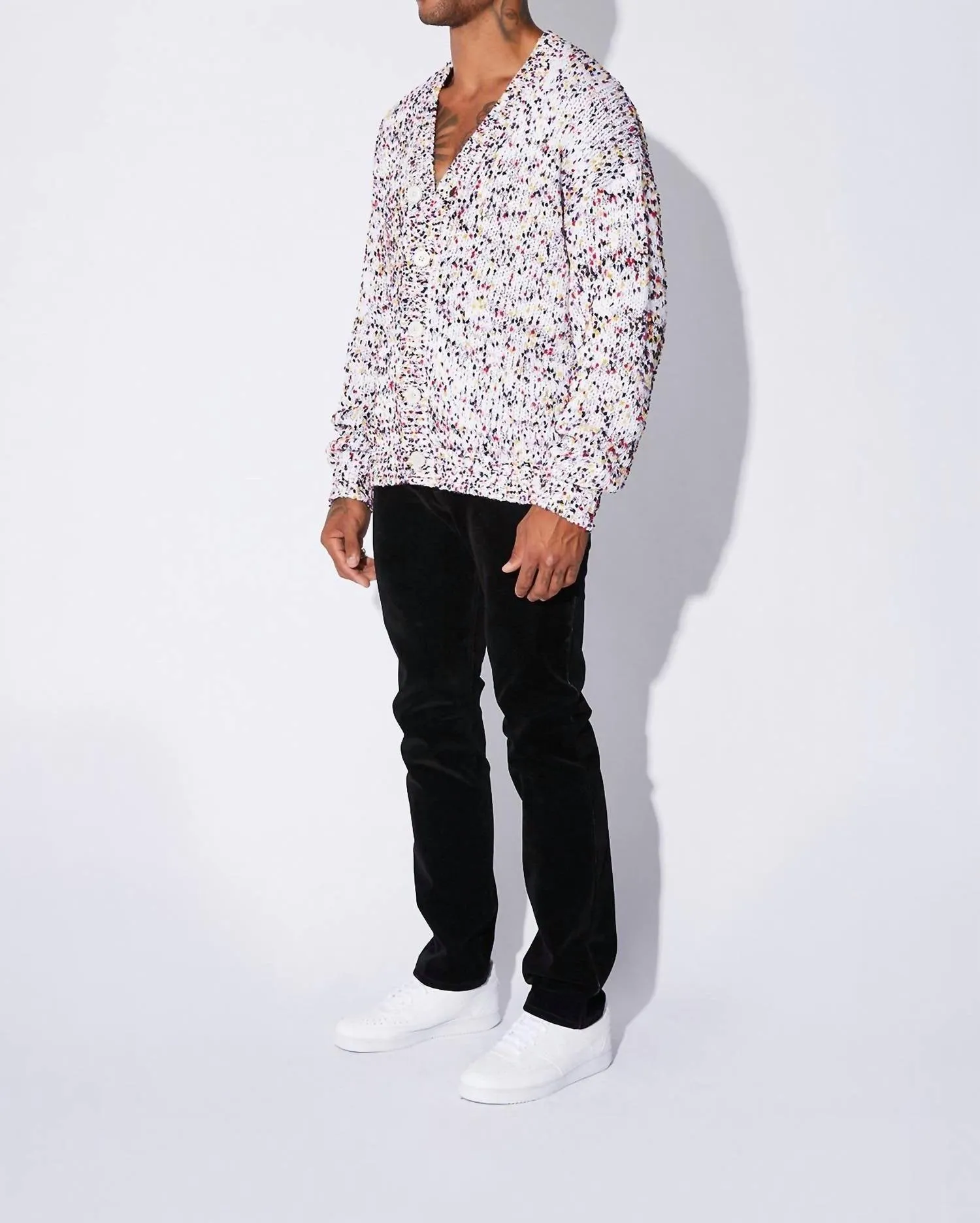 Men's Long Oversized Cardigan In White Dots