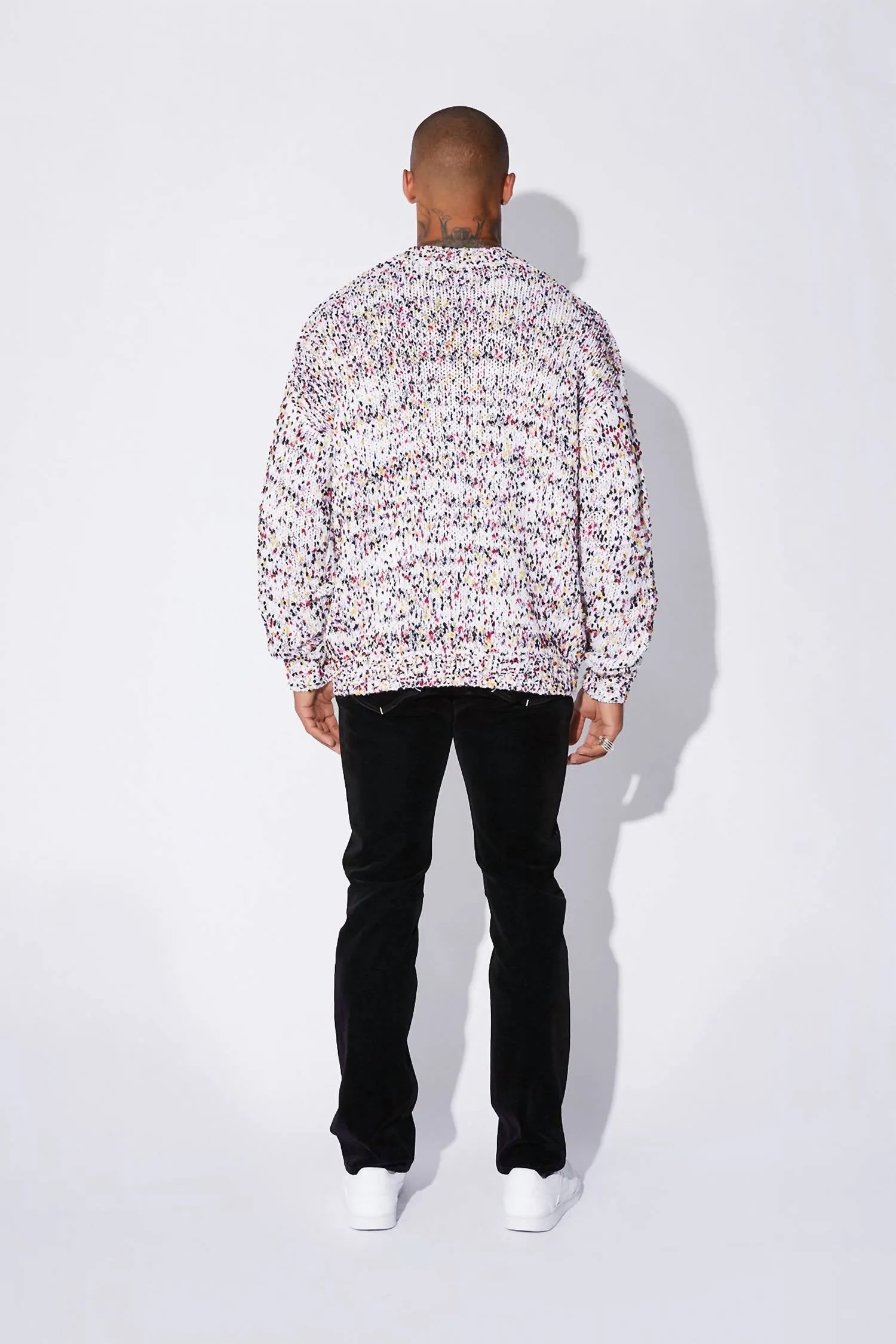 Men's Long Oversized Cardigan In White Dots