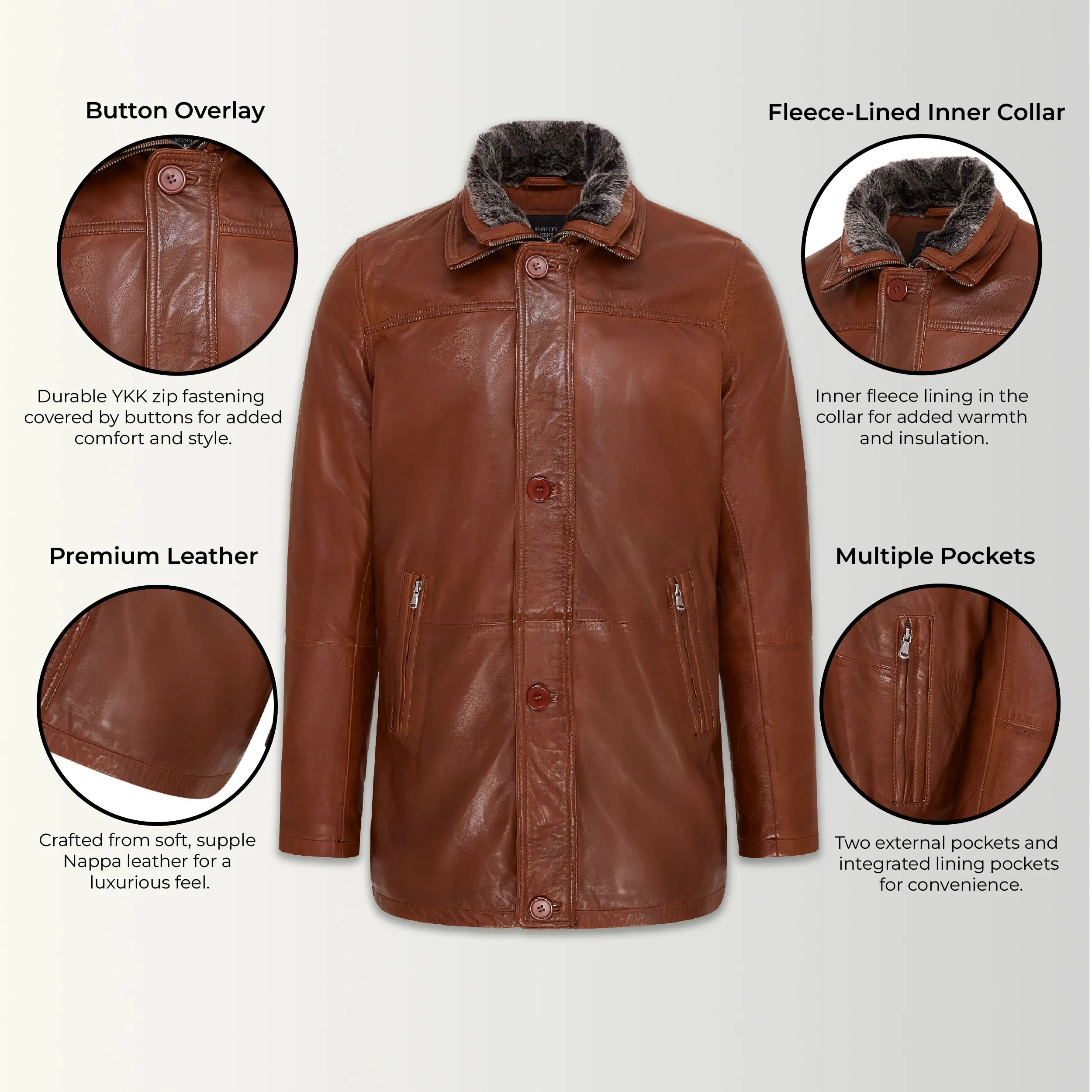 Mens Mid-Length Warm Leather Trench Coat - Varkaus