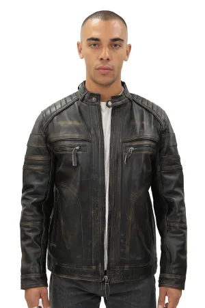 Men's Vintage Black Leather Biker Jacket-Naples