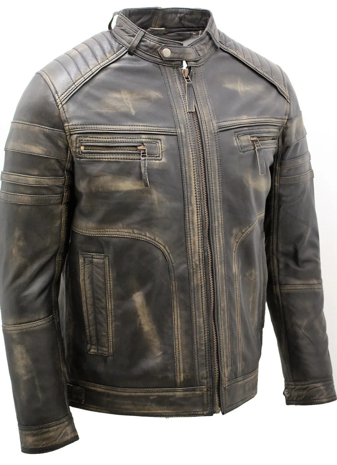 Men's Vintage Black Leather Biker Jacket-Naples