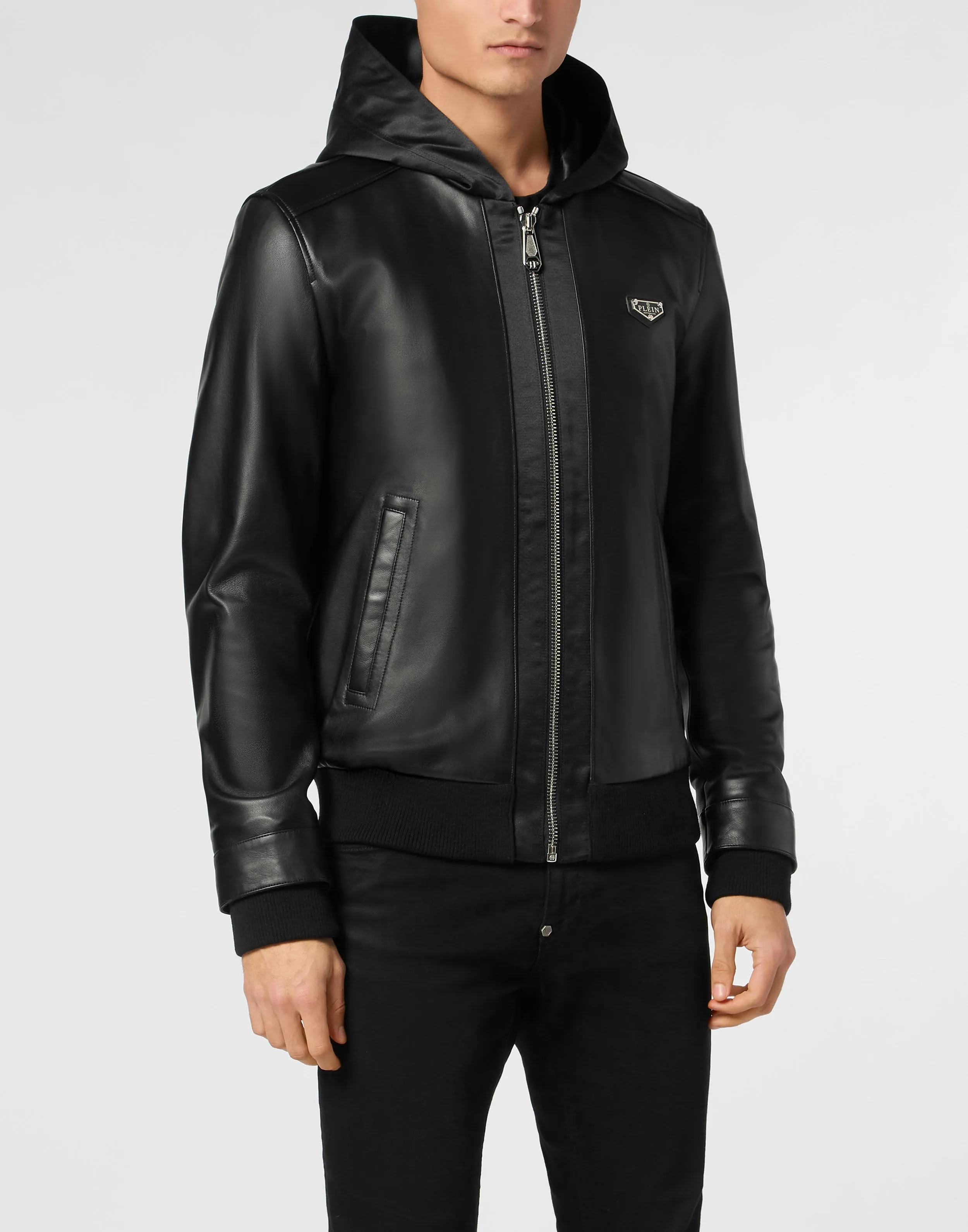 Nappa Leather Hooded Bomber Jacket