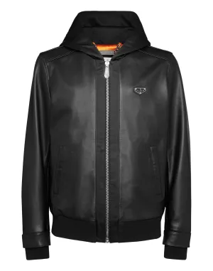 Nappa Leather Hooded Bomber Jacket