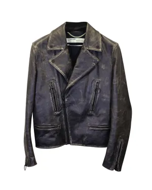 Off-White Vintage-Effect Biker Jacket in Black Leather