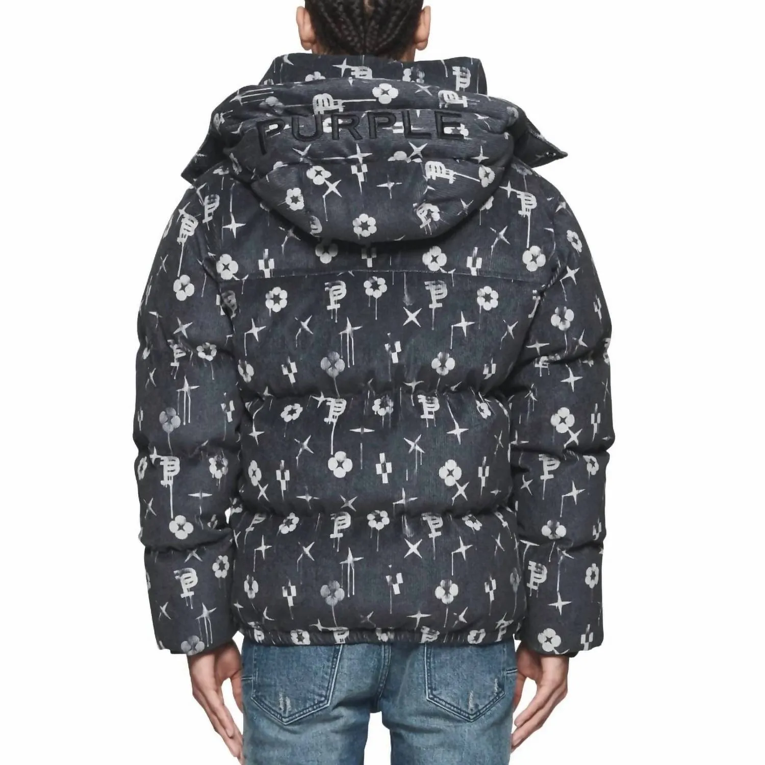 Printed Corduroy Puffer Jacket In Black