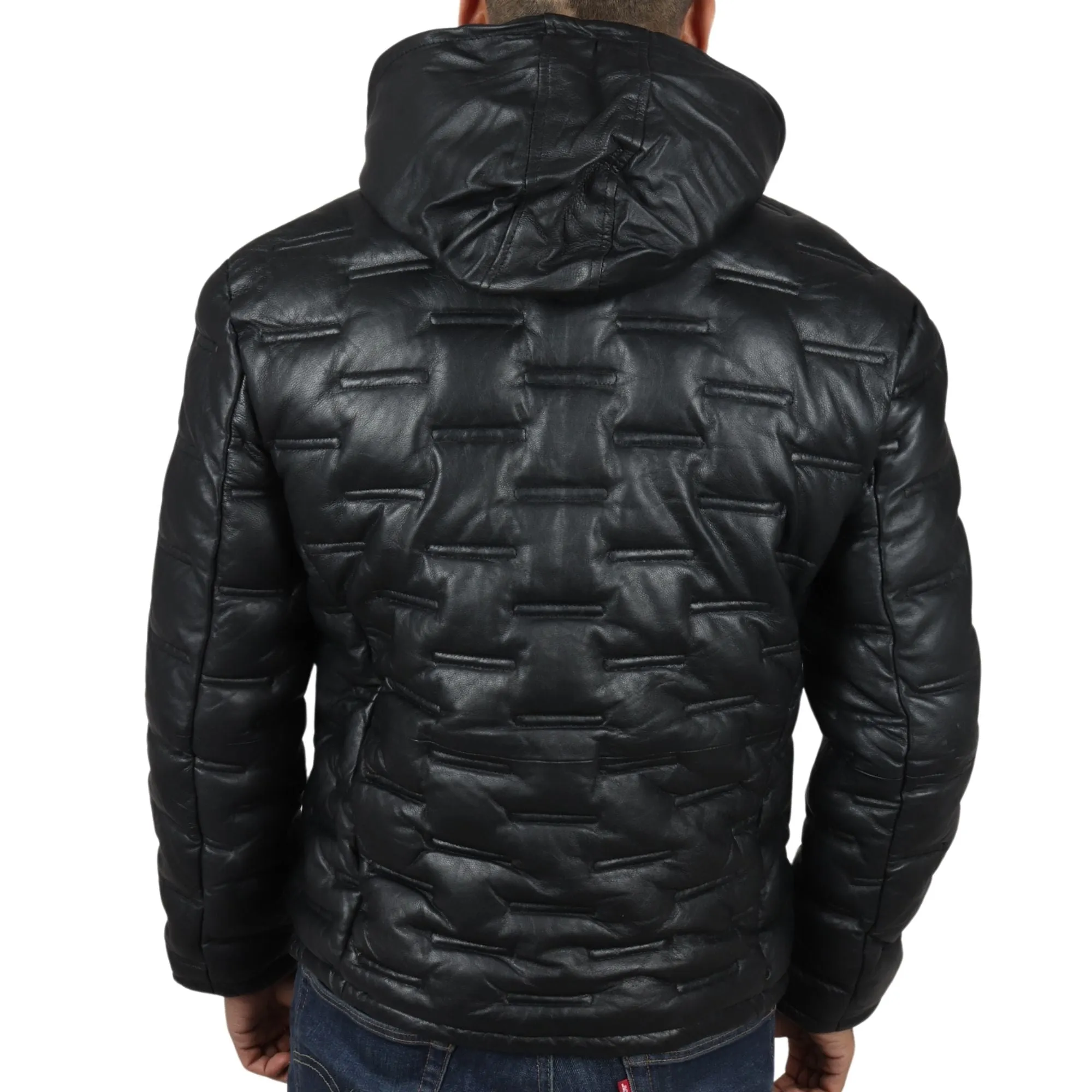Puffer Quilted Real Leather Hooded Jacket