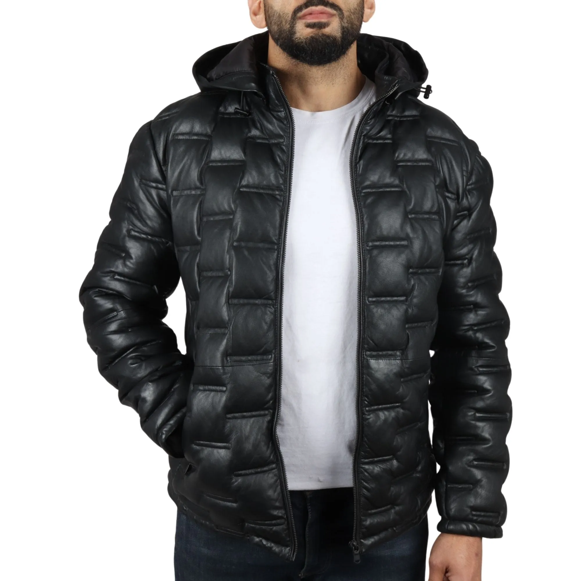 Puffer Quilted Real Leather Hooded Jacket