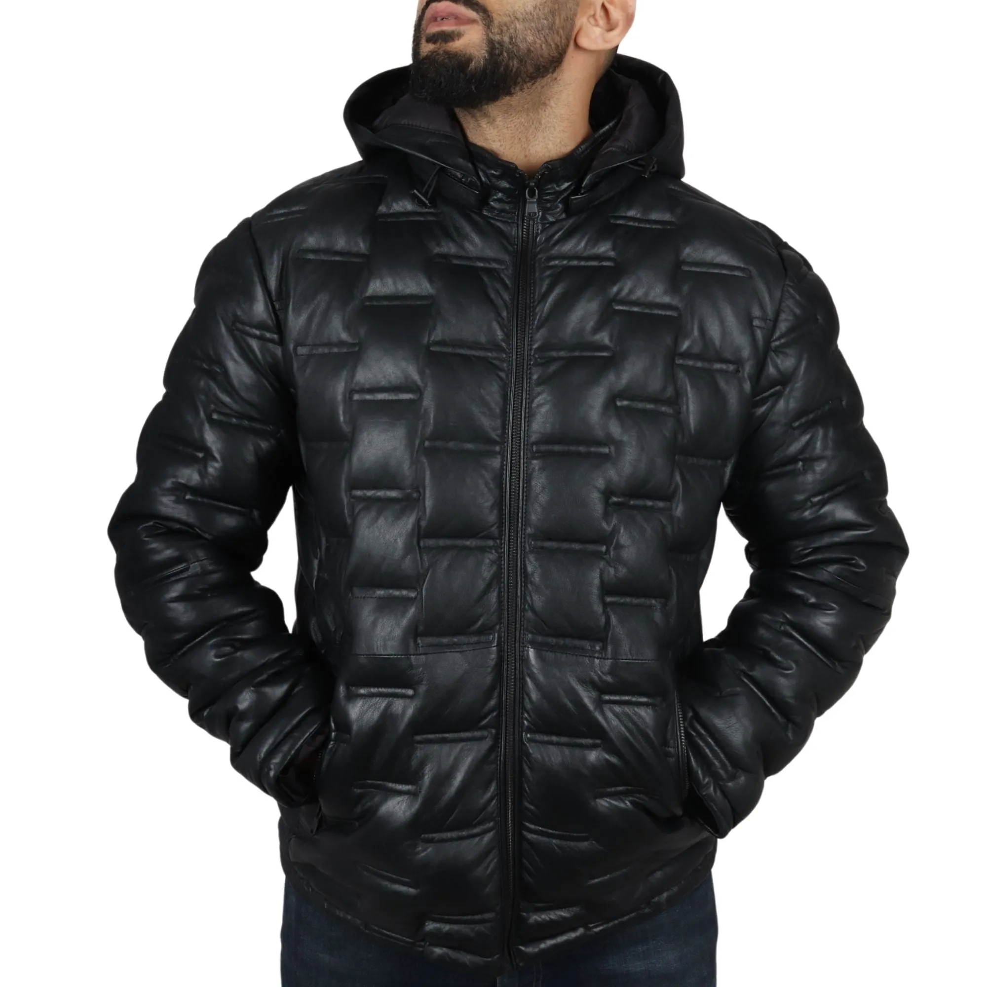 Puffer Quilted Real Leather Hooded Jacket