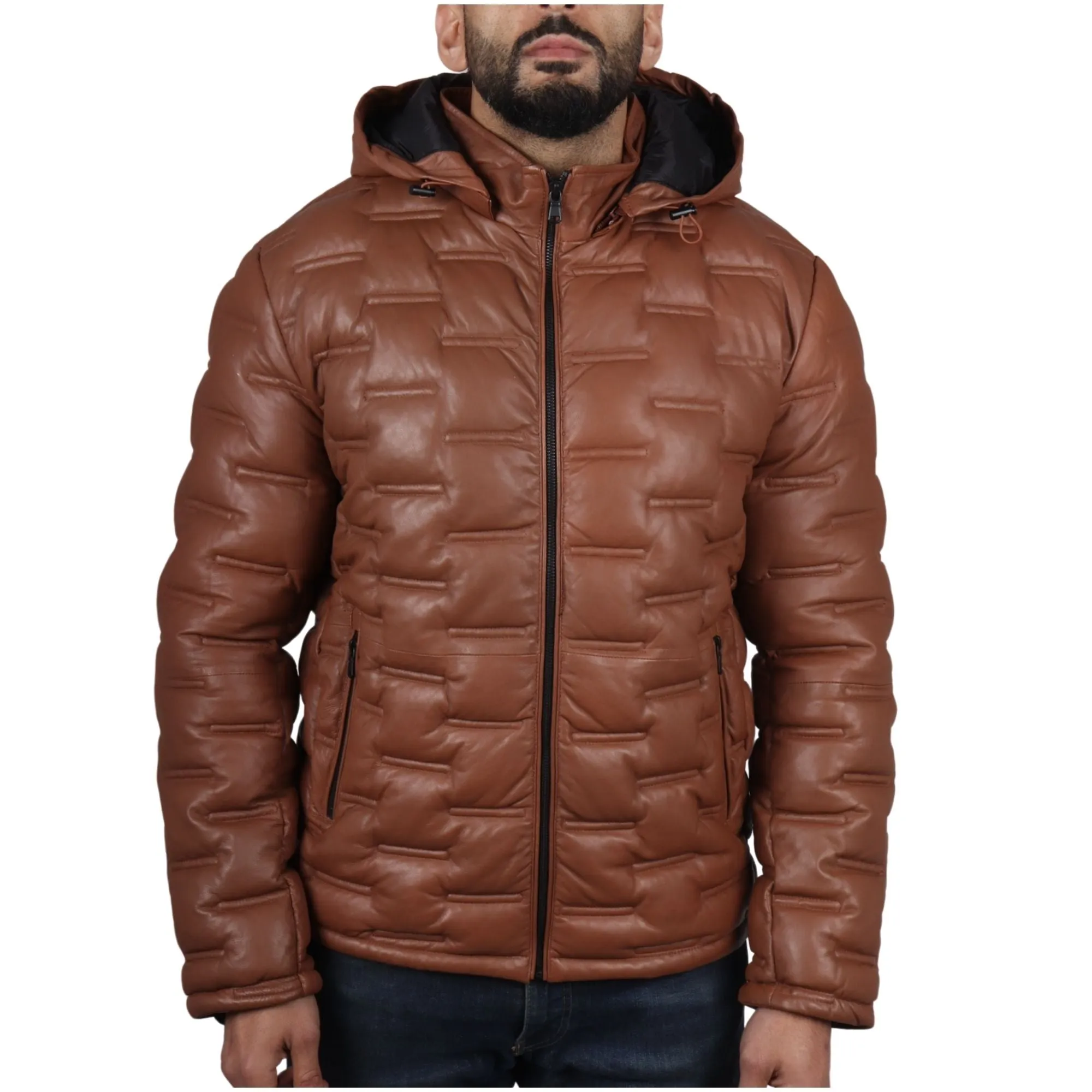 Puffer Quilted Real Leather Hooded Jacket