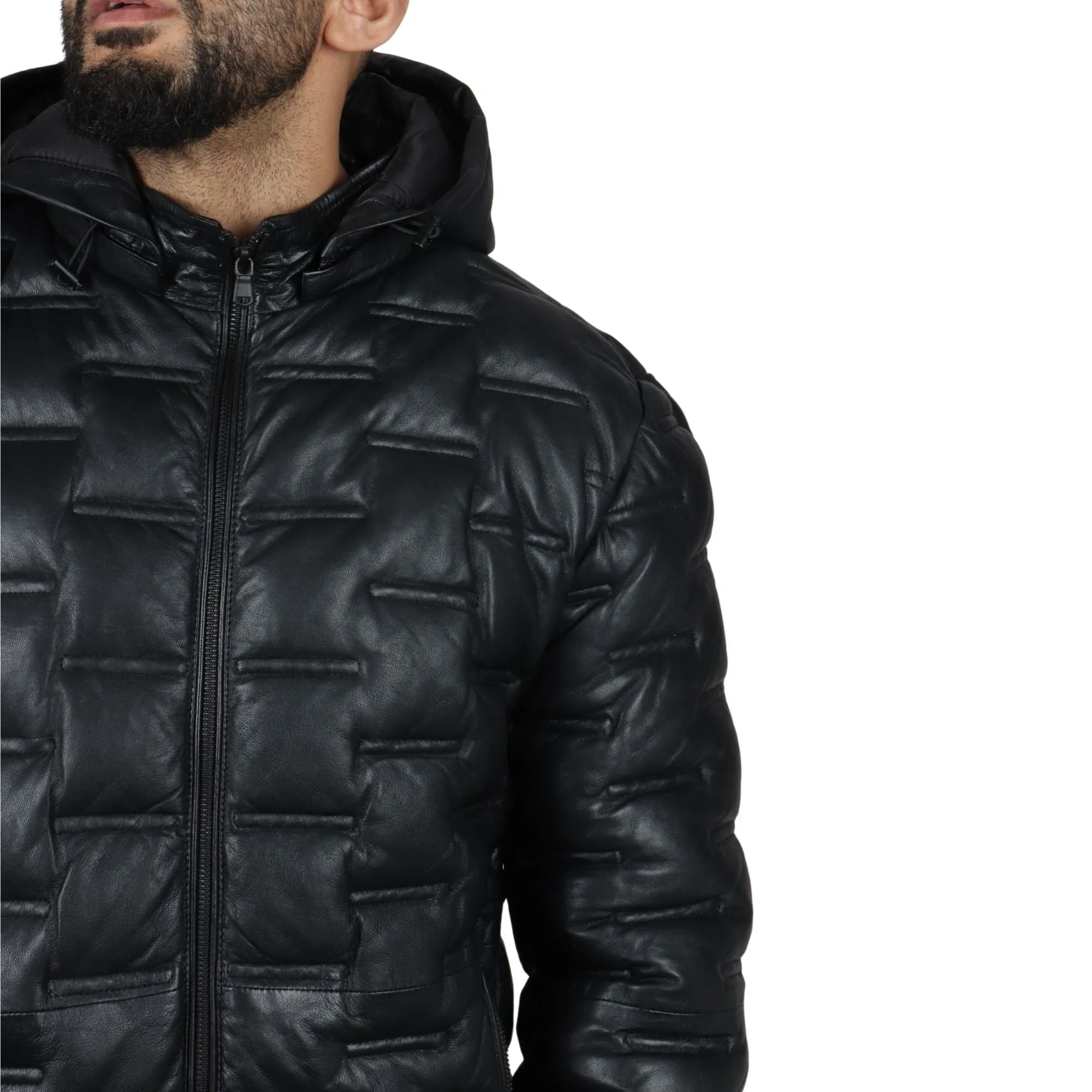 Puffer Quilted Real Leather Hooded Jacket