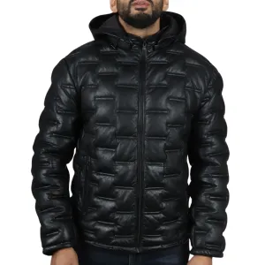 Puffer Quilted Real Leather Hooded Jacket
