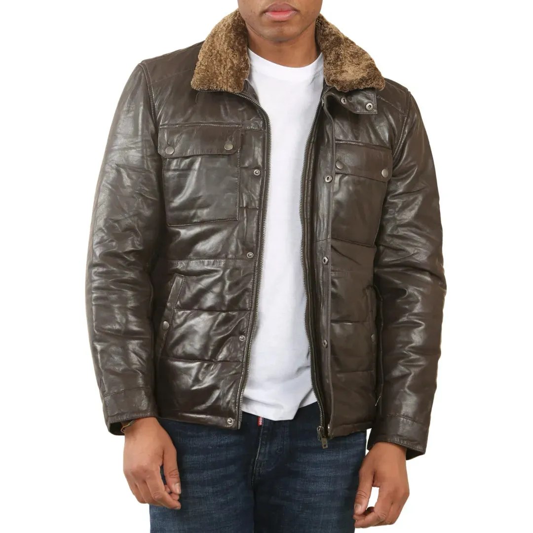 Quilted Faux Fur Collar Leather Jacket
