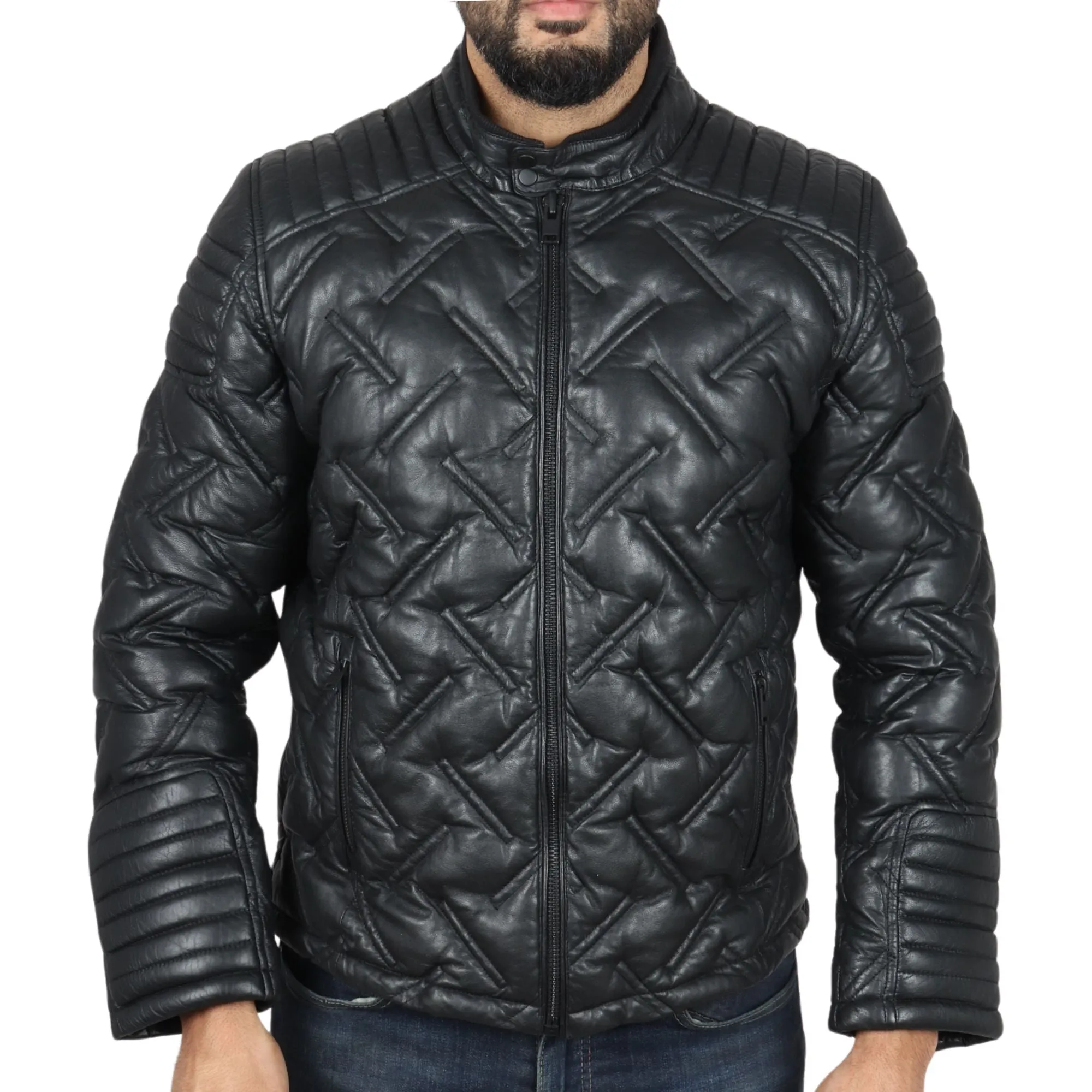 Quilted Puffer Padded Biker Real Leather Jacket