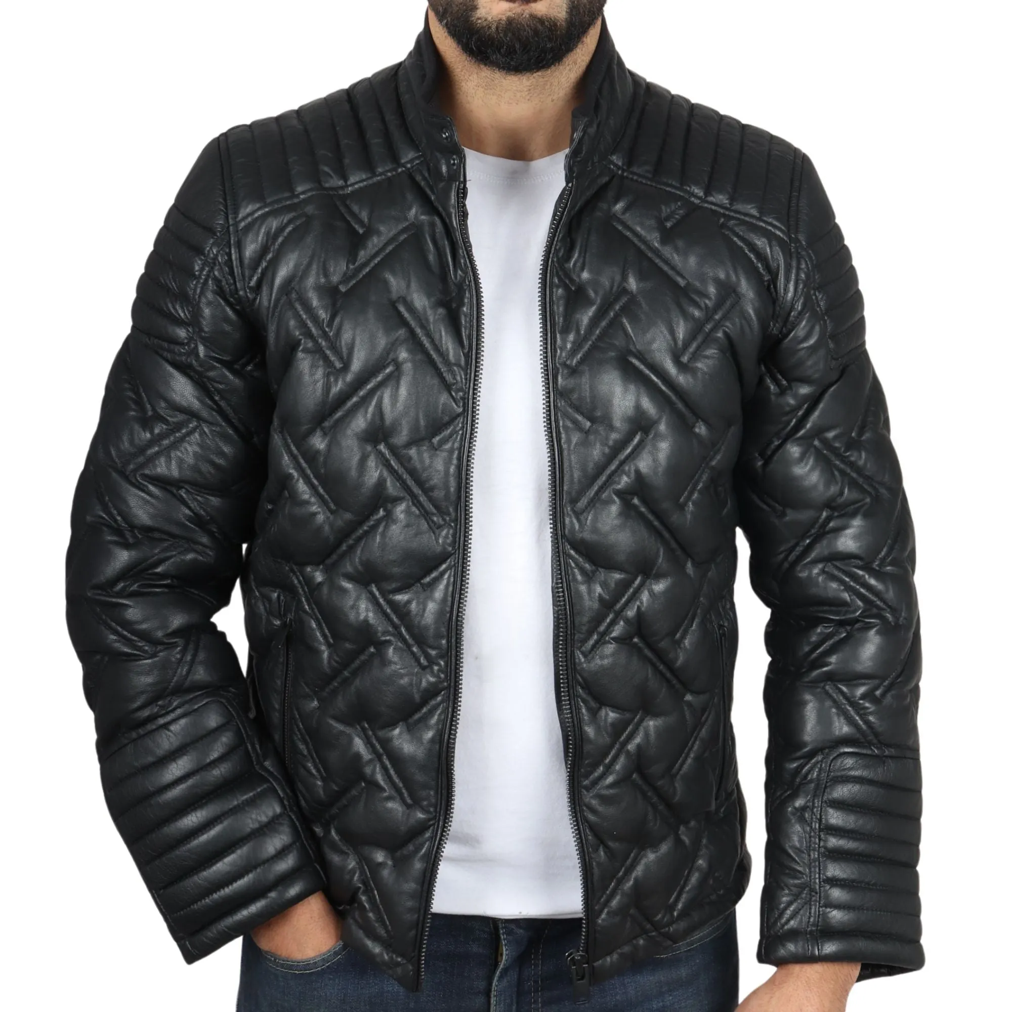 Quilted Puffer Padded Biker Real Leather Jacket