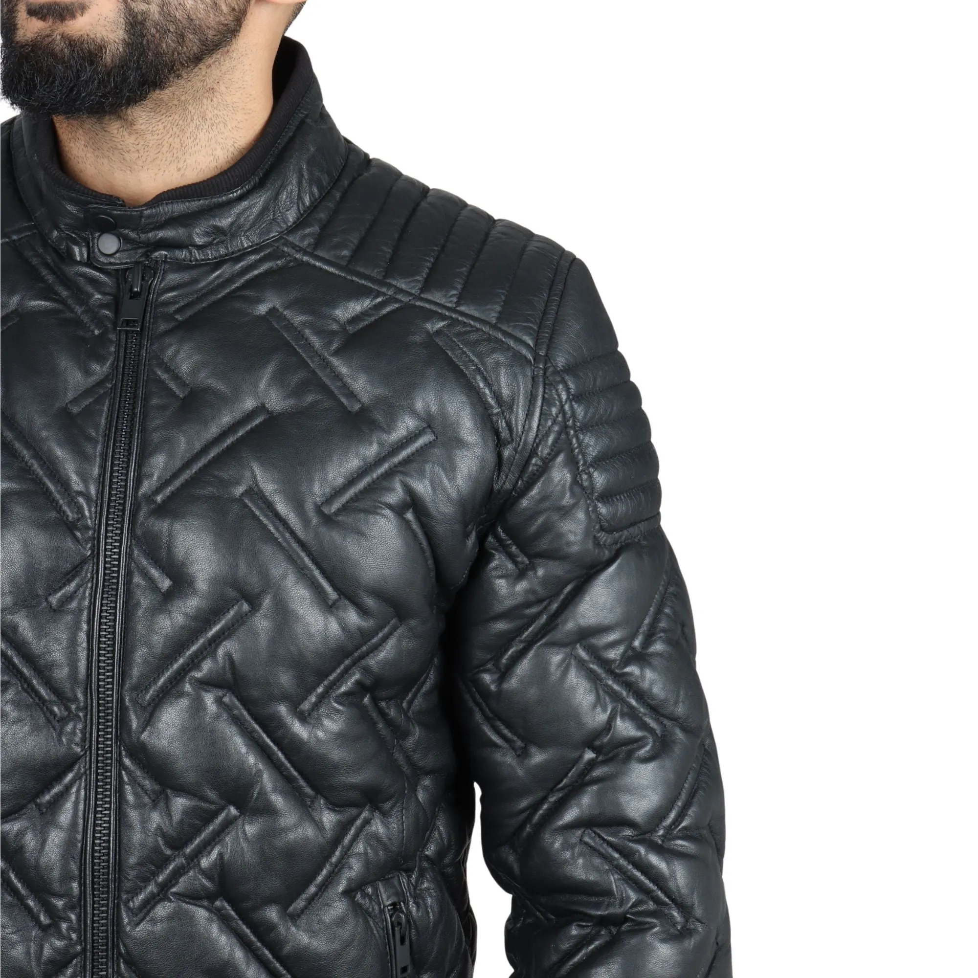 Quilted Puffer Padded Biker Real Leather Jacket