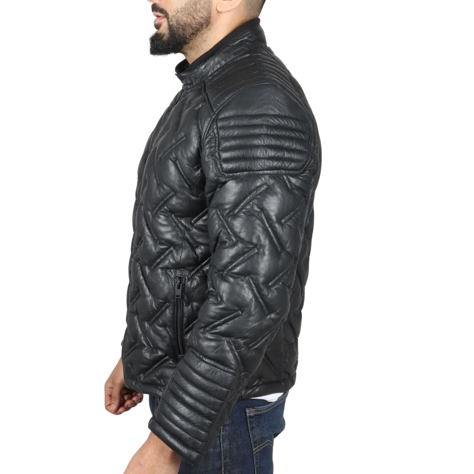 Quilted Puffer Padded Biker Real Leather Jacket