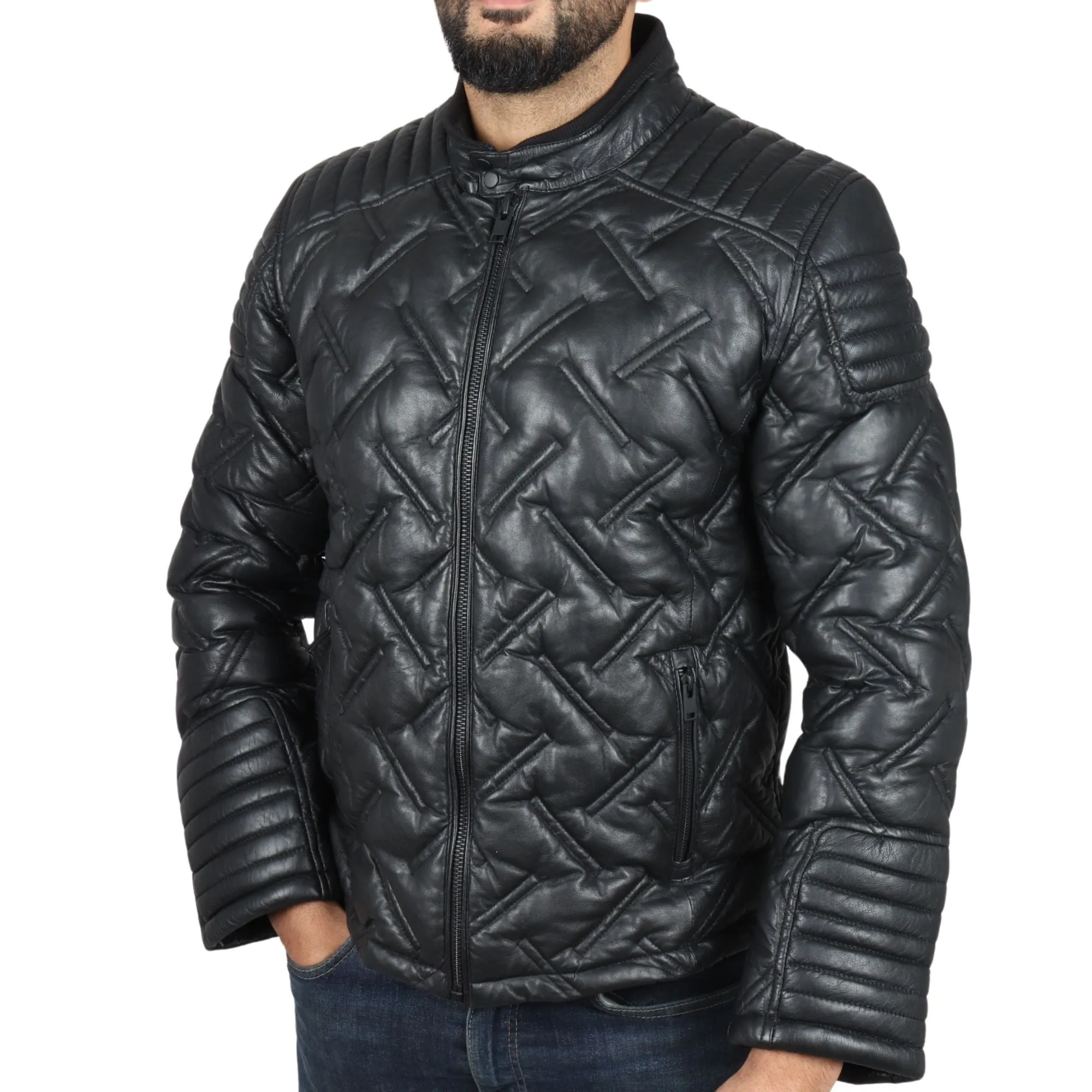 Quilted Puffer Padded Biker Real Leather Jacket