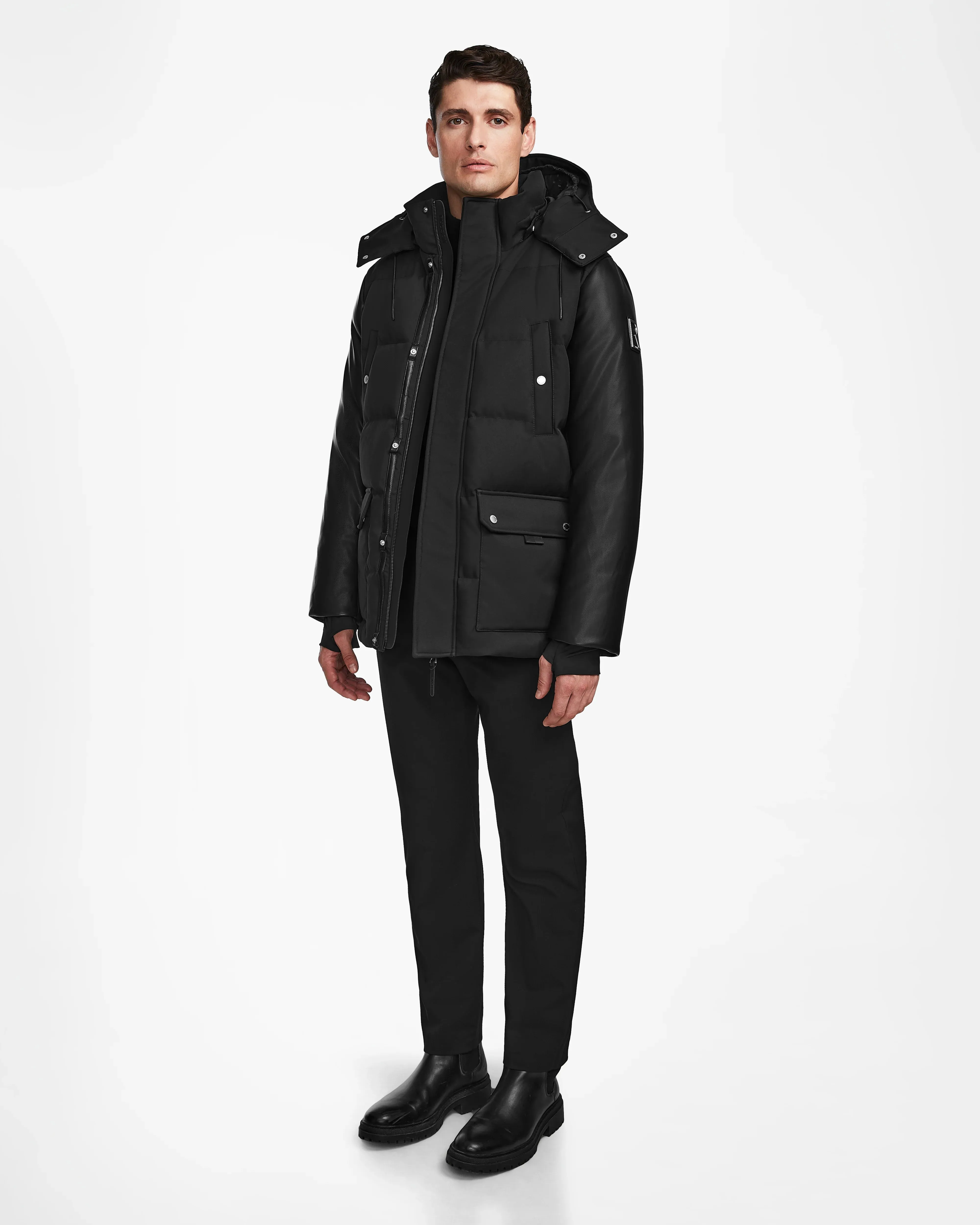 RICKY MEN'S QUILTED DOWN PARKA WITH HOOD WITH RECYCLED LEATHER SLEEVES