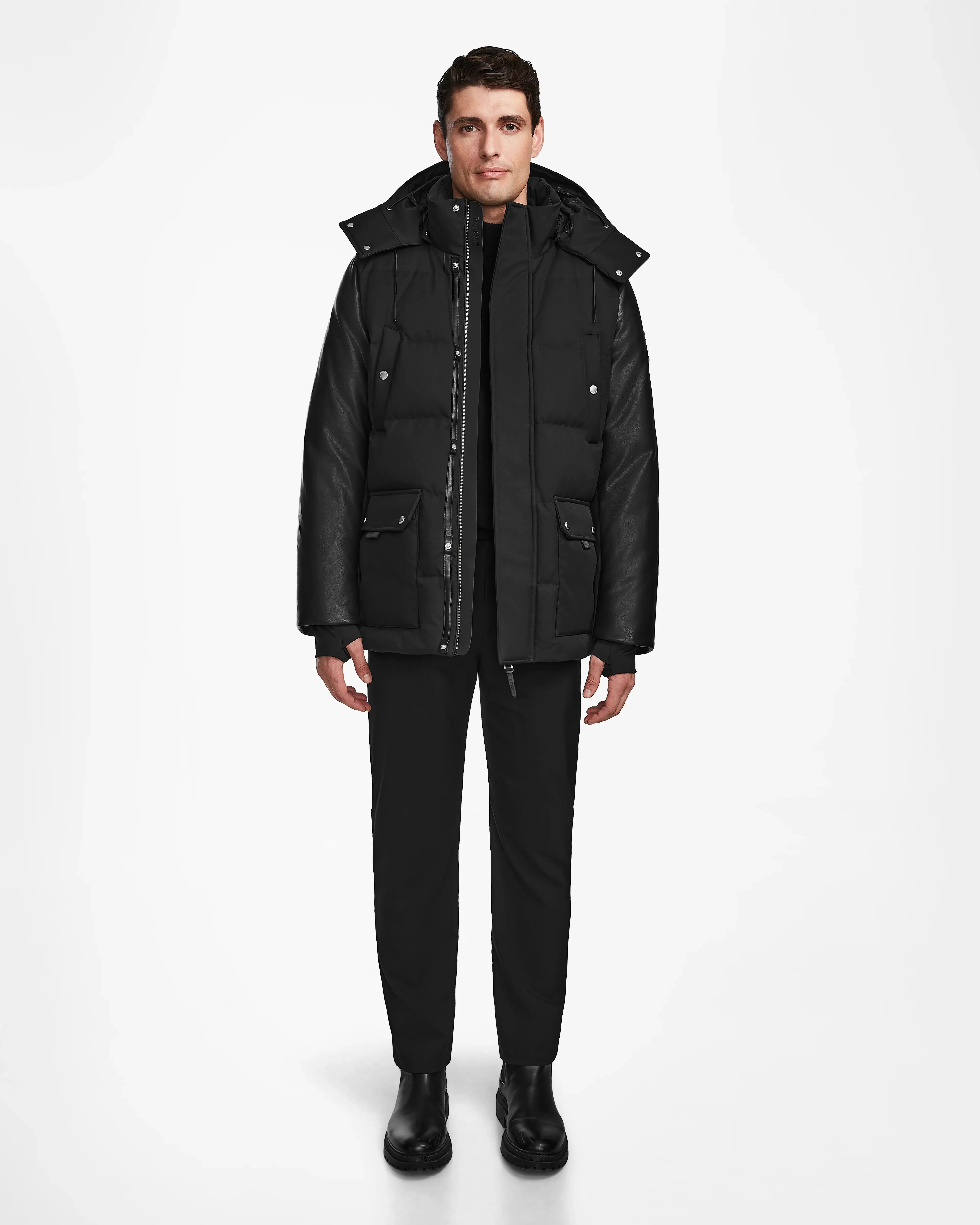 RICKY MEN'S QUILTED DOWN PARKA WITH HOOD WITH RECYCLED LEATHER SLEEVES