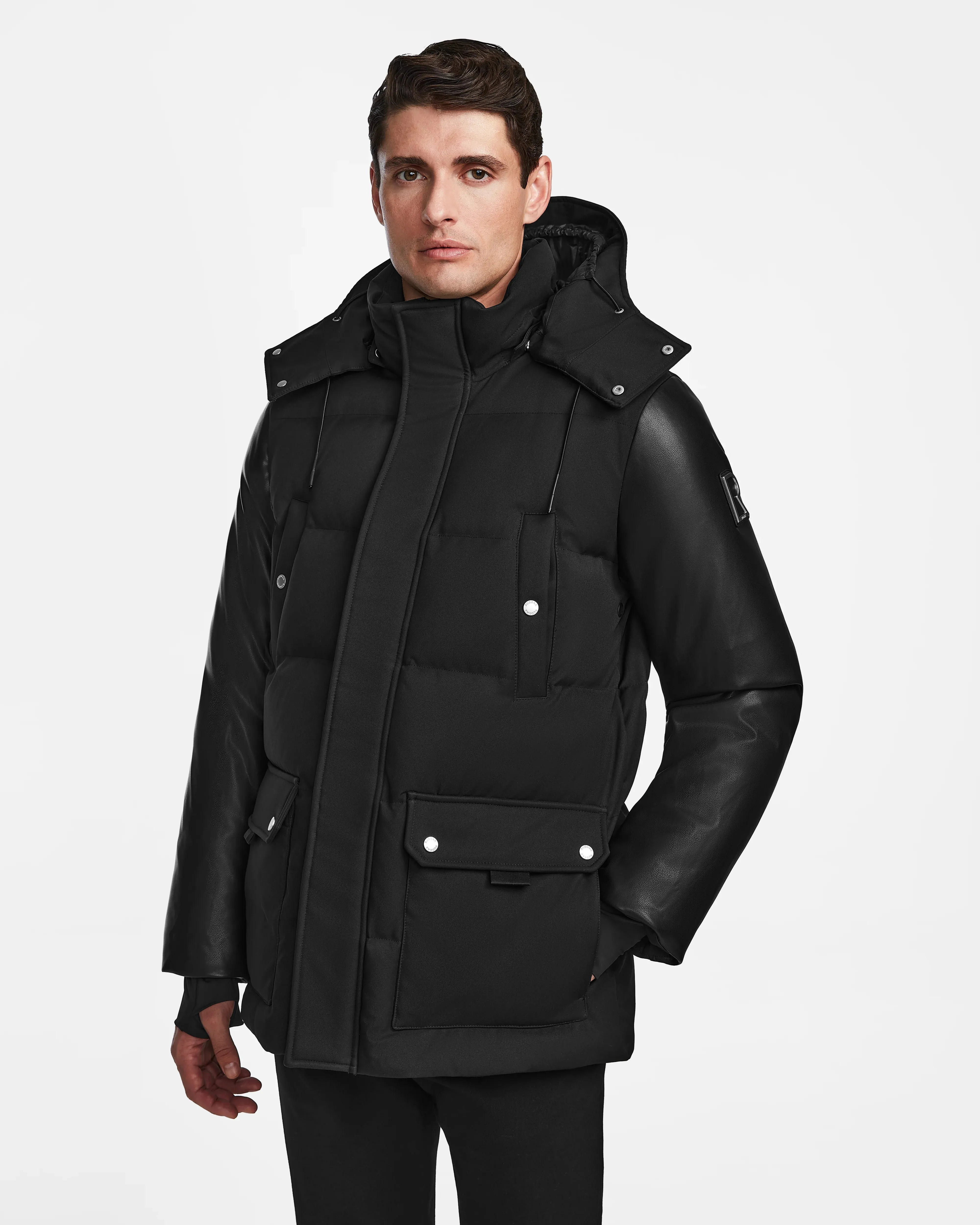 RICKY MEN'S QUILTED DOWN PARKA WITH HOOD WITH RECYCLED LEATHER SLEEVES