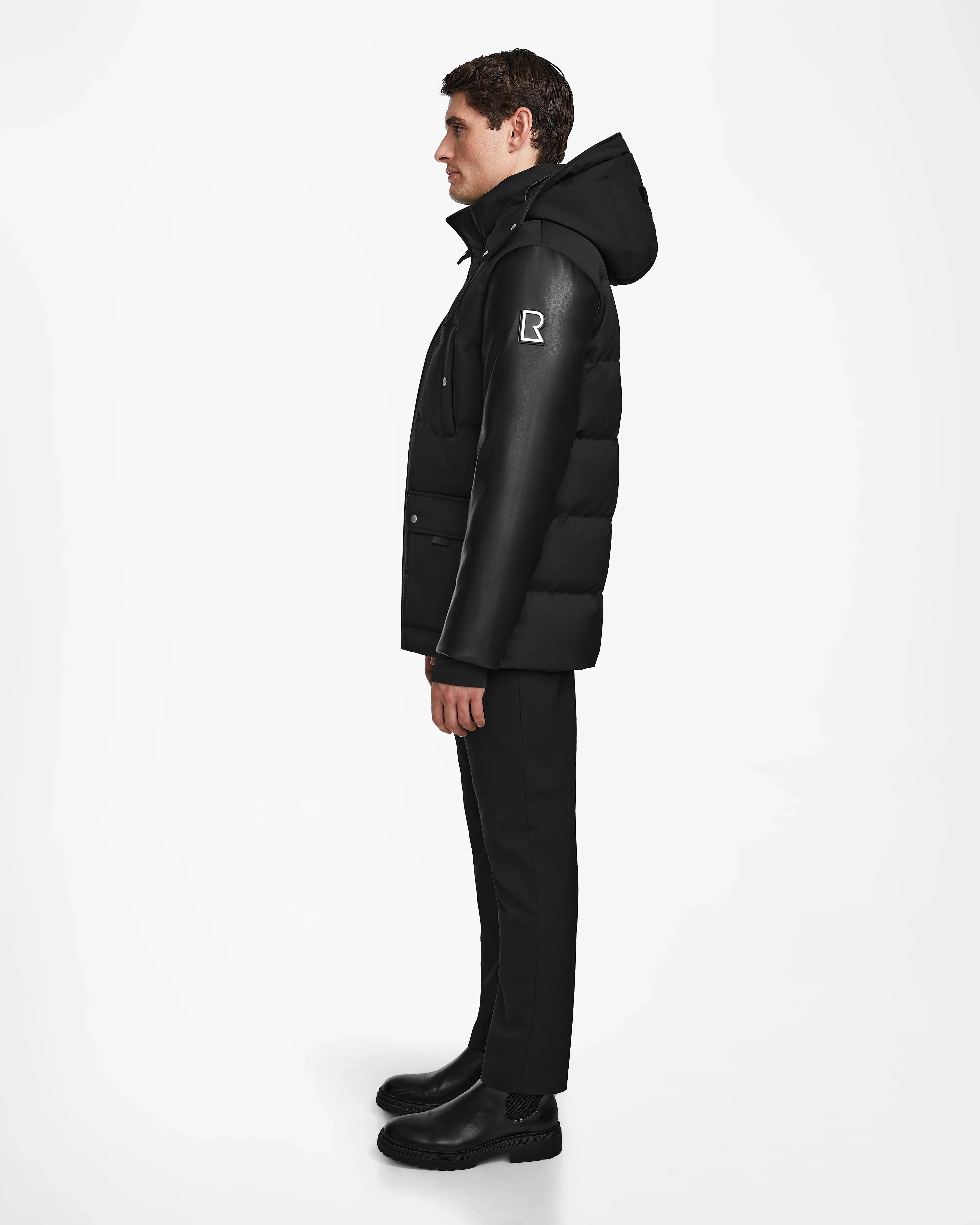 RICKY MEN'S QUILTED DOWN PARKA WITH HOOD WITH RECYCLED LEATHER SLEEVES