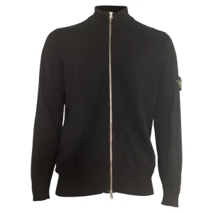 Stone Island Rib Knit Zip Sweater in Black Wool